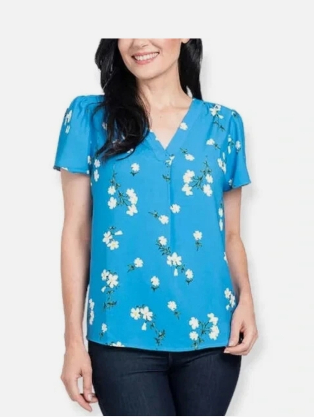 Hilary Radley Blouse  Blue with  White Flowers V-Neck Flutter Sleeves